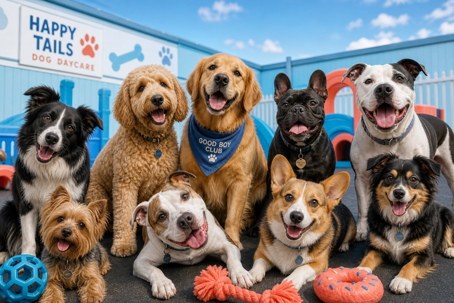 Group of happy dogs posing